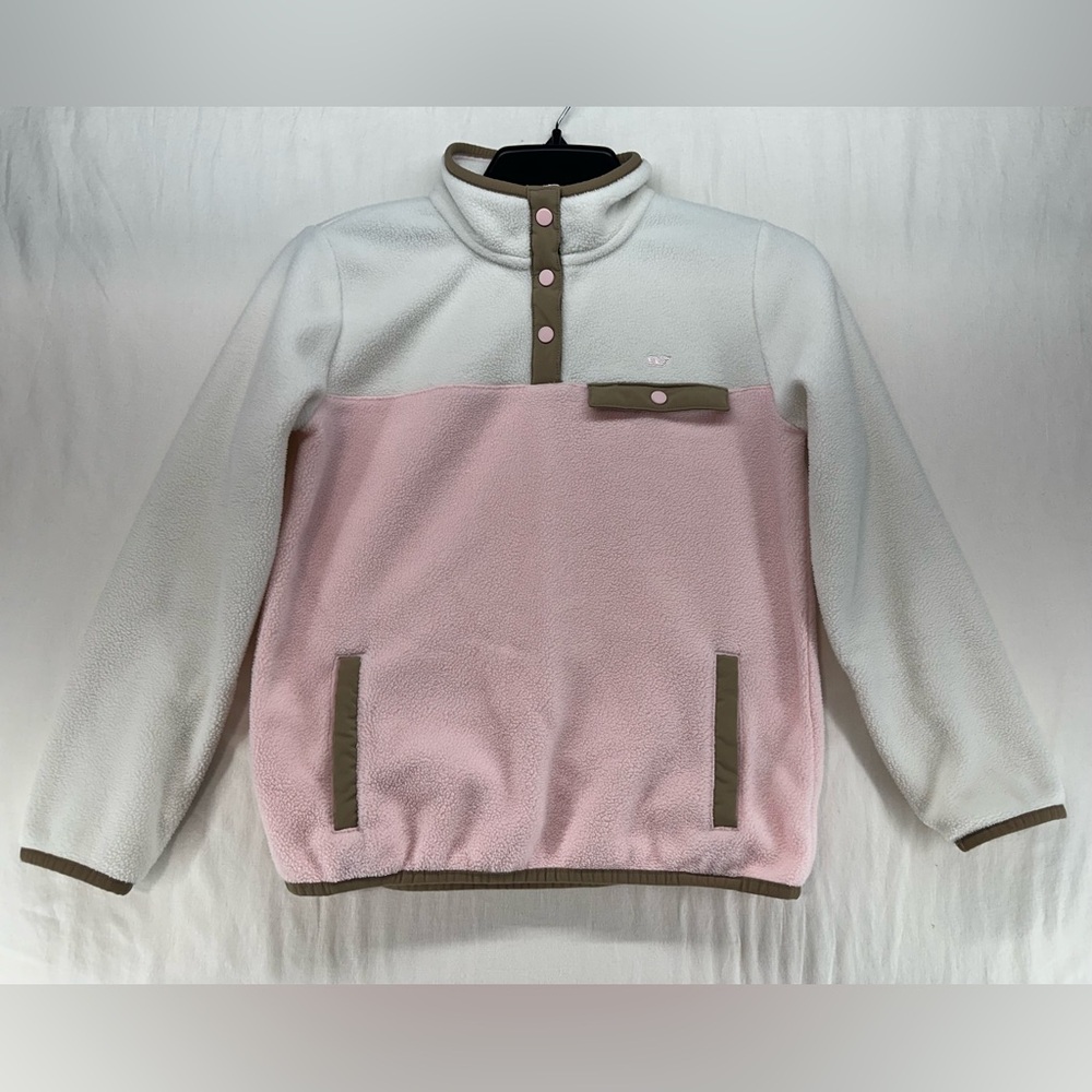 Vineyard Vines Fleece Pullover Pink White 1/4 Button Long Sleeve Pockets Youth M